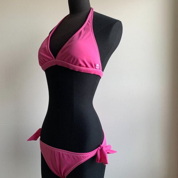 Billabong BLUE CRUSH era Vintage bikini solid pink halter top set RARE - Picture 5 of 8